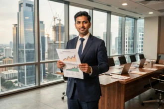 Économiste analysant les rapports de croissance économique des pays émergents devant une skyline moderne en construction