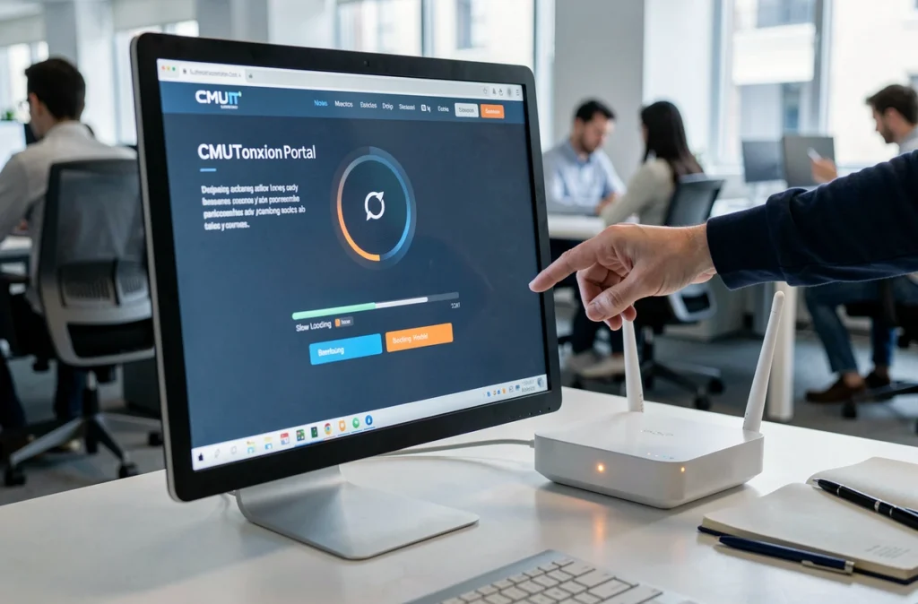 Écran d'ordinateur avec une page de connexion CMUT en chargement lent et un routeur Wi-Fi à côté