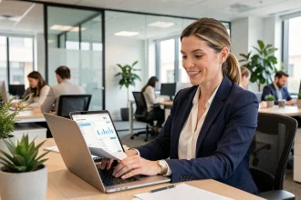 Employée Société Générale consultant ses avantages salariés sur un ordinateur portable dans un bureau moderne