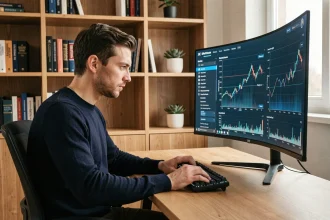 Entrepreneur masculin analysant des graphiques blockchain sur un écran ultrawide dans un bureau moderne à domicile pour bâtir un business en ligne rentable