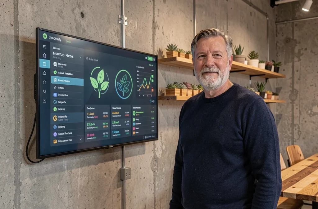 Entrepreneur technologique devant un tableau de bord de cryptomonnaies durables dans un espace de coworking écoresponsable