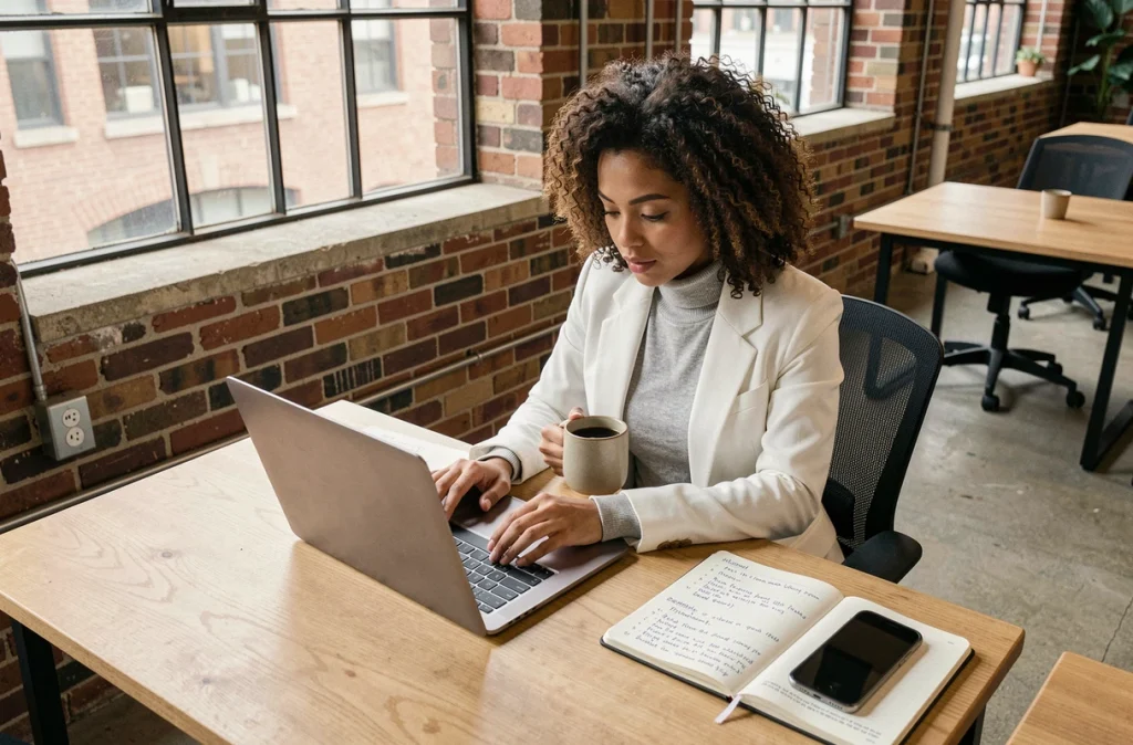 Entrepreneuse consultant son portfolio de cryptomonnaies dans un espace de coworking avec murs en briques apparentes pour développer un business en ligne