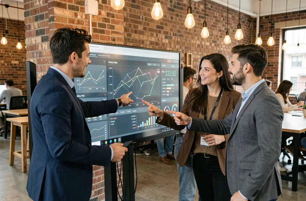 Équipe de jeunes professionnels discutant de stratégies de staking crypto dans un espace de coworking