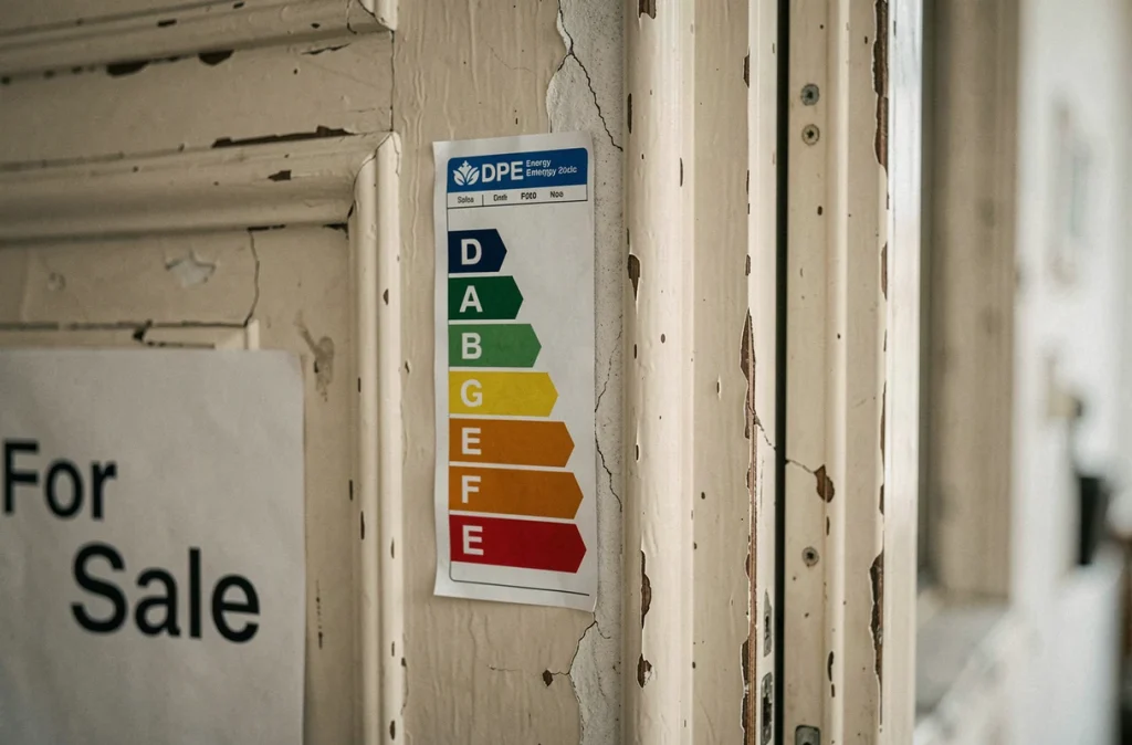 Étiquette de diagnostic de performance énergétique affichée sur la porte d'un appartement ancien à vendre