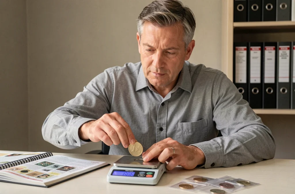 Homme évaluant une pièce de 2 euros rare sur une balance de précision avec catalogue numismatique ouvert