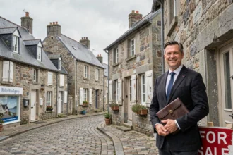 Vue panoramique d'une ville bretonne avec des maisons en pierre et un expert immobilier local tenant un portfolio devant une agence