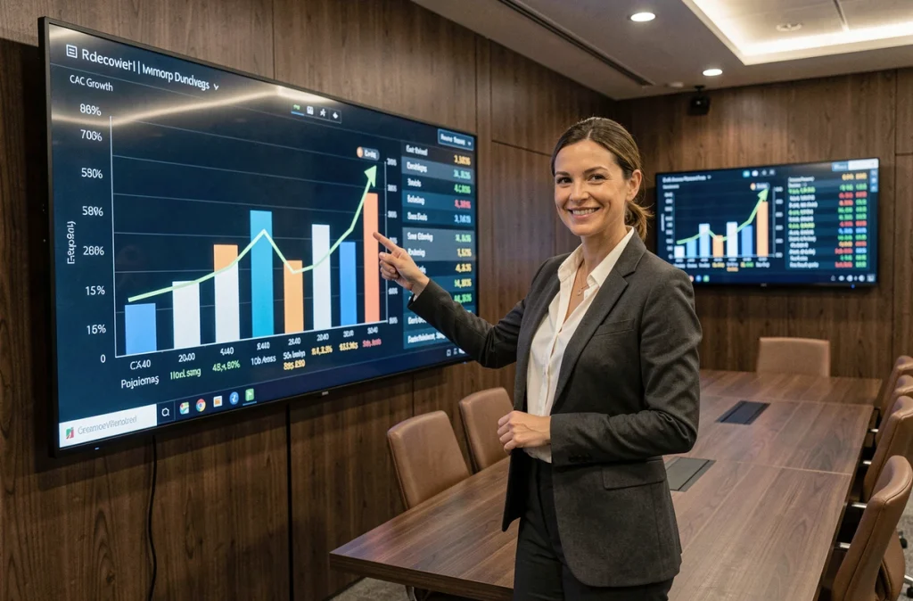 Femme d'affaires présentant la progression des dividendes des entreprises du CAC 40 lors d'une réunion de conseil