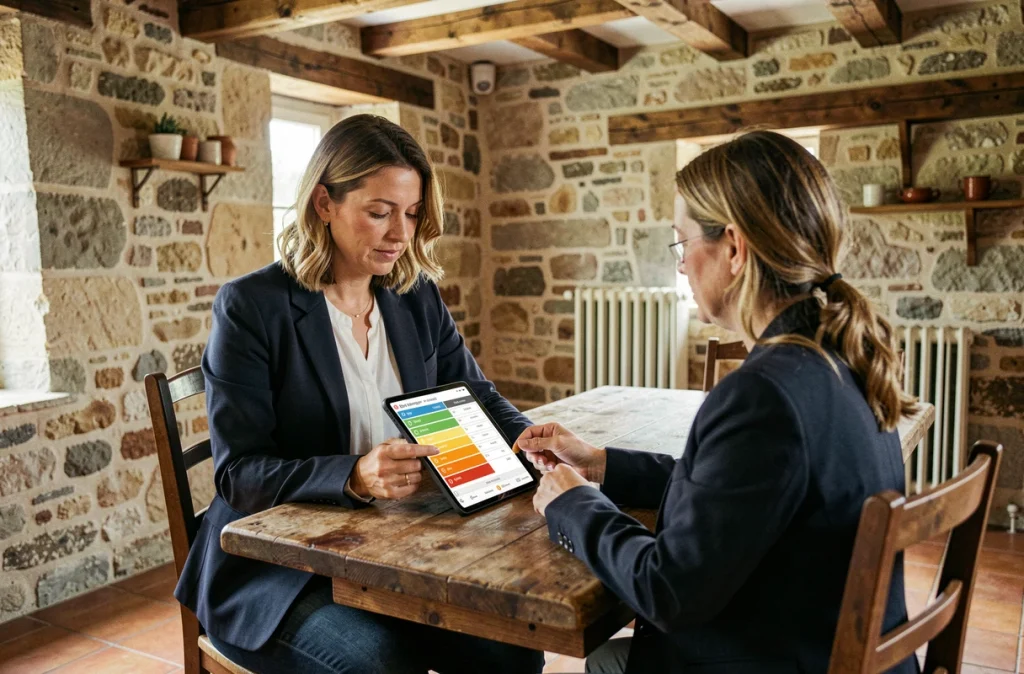 Femme consultant un rapport de diagnostic énergétique sur tablette dans une maison ancienne en pierre