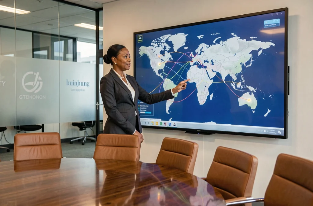 Femme cadre présentant une carte des transactions internationales par stablecoin lors d'une conférence bancaire à Londres