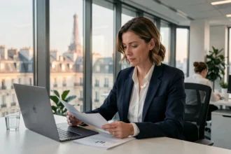 Femme cadre supérieure consultant des documents financiers dans un bureau moderne parisien, illustrant les hauts salaires en France