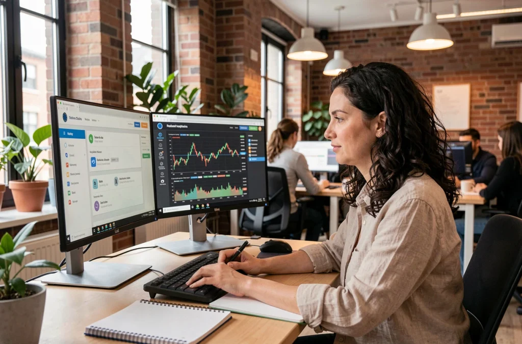 Femme travaillant sur la conformité réglementaire crypto européenne devant deux écrans dans un bureau de fintech
