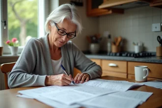 Femme d'âge mûr consultant son calendrier de pension d'invalidité 2026 à la table de cuisine