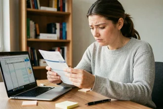 Femme consultant sa fiche de paie à son bureau avec un ordinateur portable et des notes