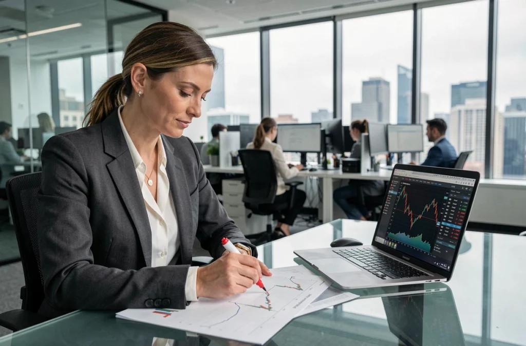 Professionnelle de la finance annotant un graphique double bottom dans un open space de trading en entreprise