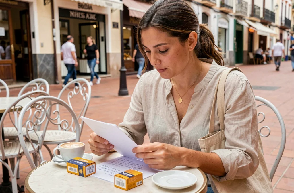 Femme française analysant les différences de prix du tabac en Espagne attablée à une terrasse en 2026