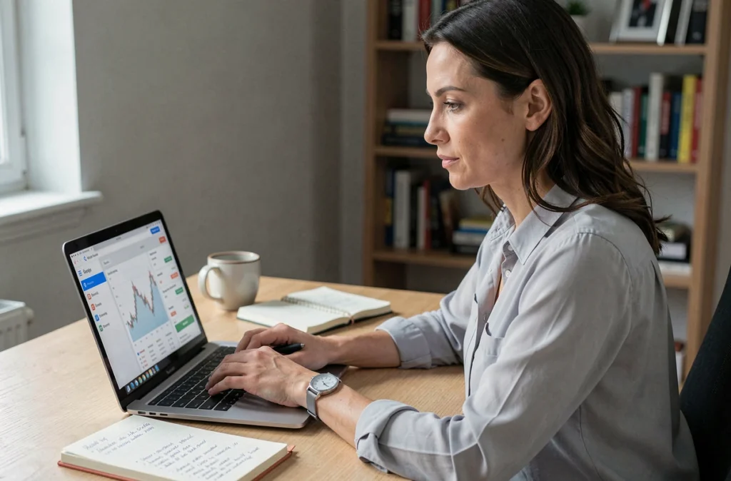 Femme consultant une plateforme d'investissement SCPI en ligne depuis son bureau à domicile