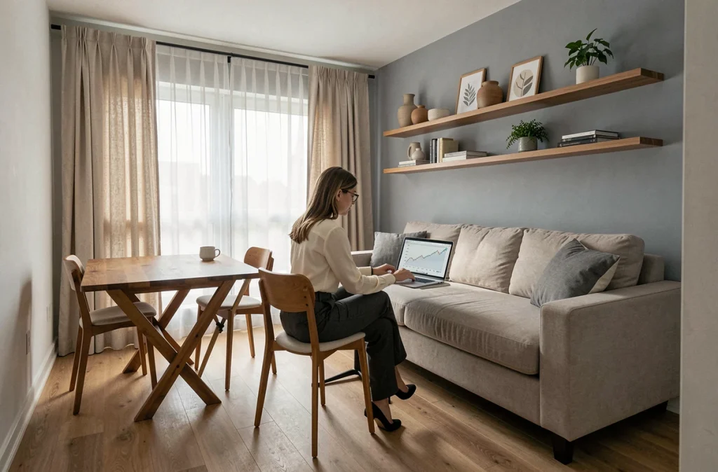 Femme investisseuse travaillant sur des données immobilières dans un studio meublé moderne en ville