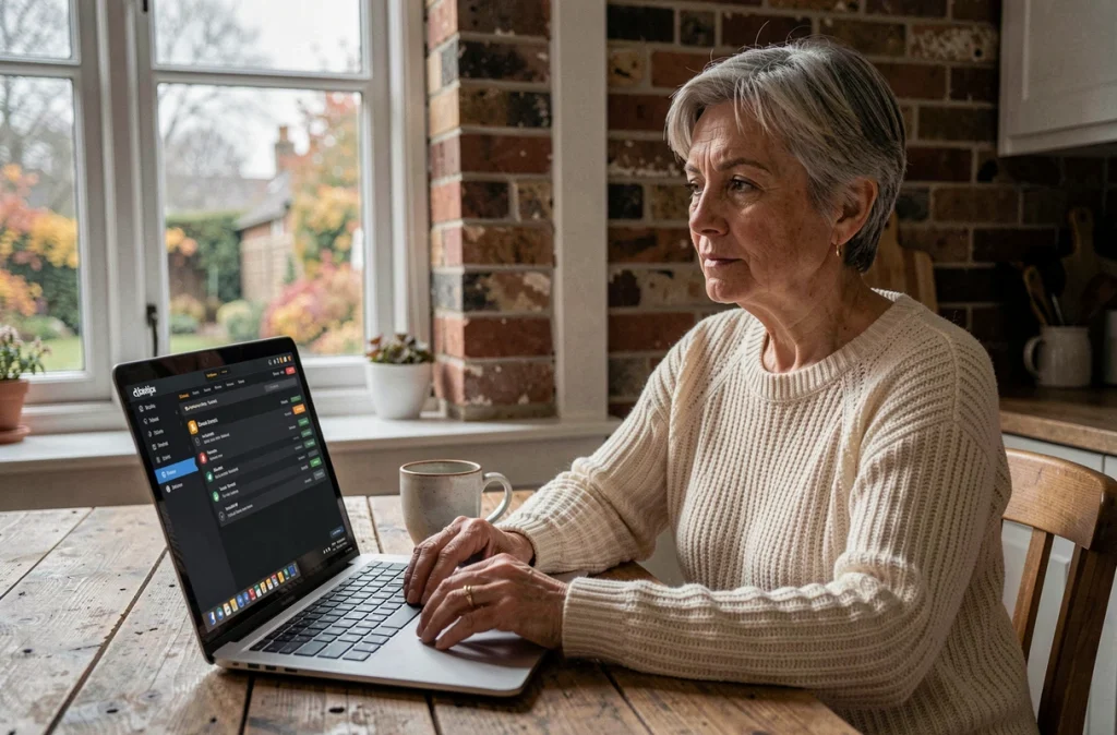 Femme à domicile consultant son portefeuille Bitcoin comme valeur refuge face à l'incertitude économique