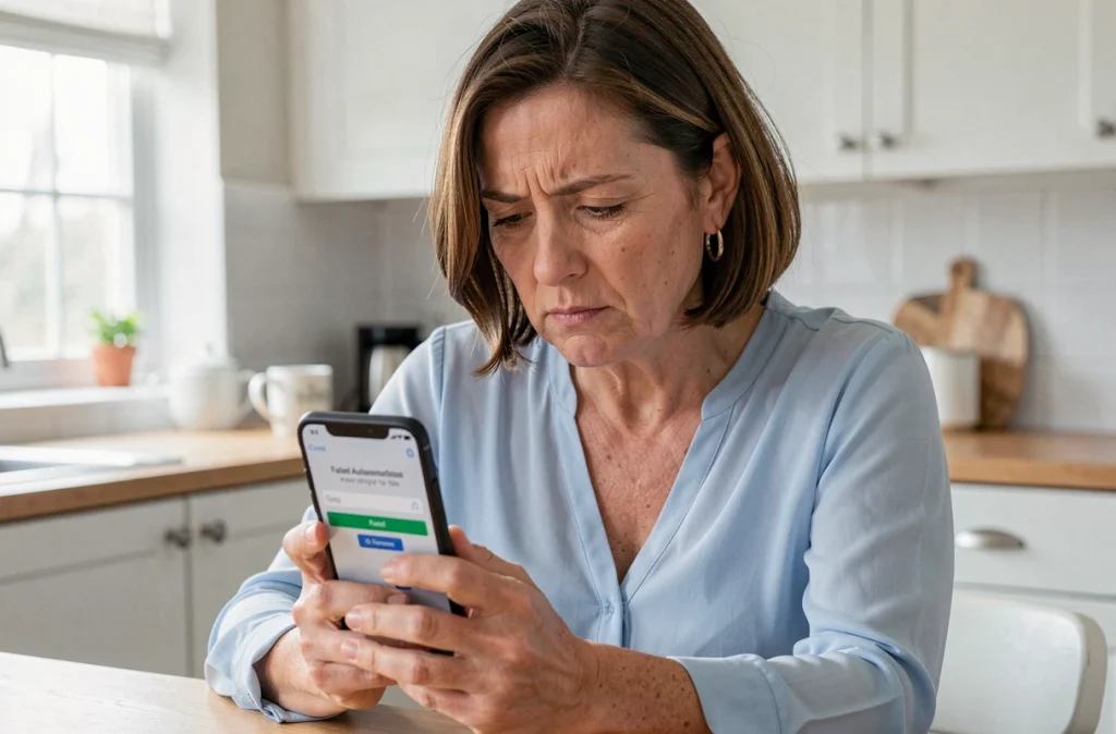 Femme consultant son smartphone affichant un message d'erreur de connexion à son espace client, cherchant une solution pour retrouver l'accès