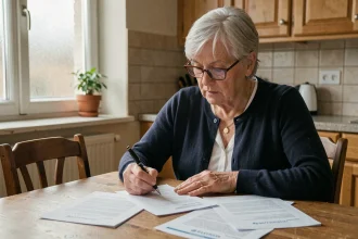 Femme belge à la retraite qui consulte ses documents de pension complémentaire à la table de cuisine