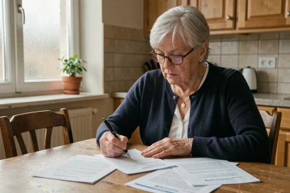 Femme belge à la retraite qui consulte ses documents de pension complémentaire à la table de cuisine
