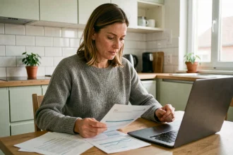 Femme consultant ses revenus et documents financiers à la table de sa cuisine en France