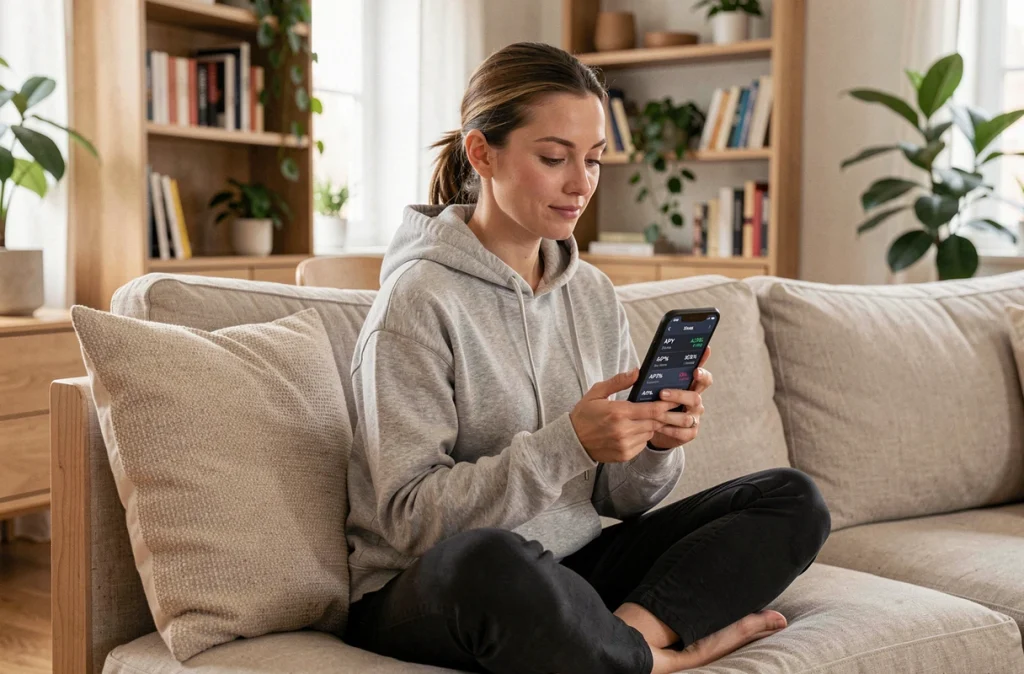 Femme investissant dans le staking de cryptomonnaies via une application mobile sur son canapé