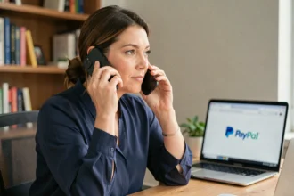 Femme au téléphone contactant le service client PayPal depuis son bureau à domicile