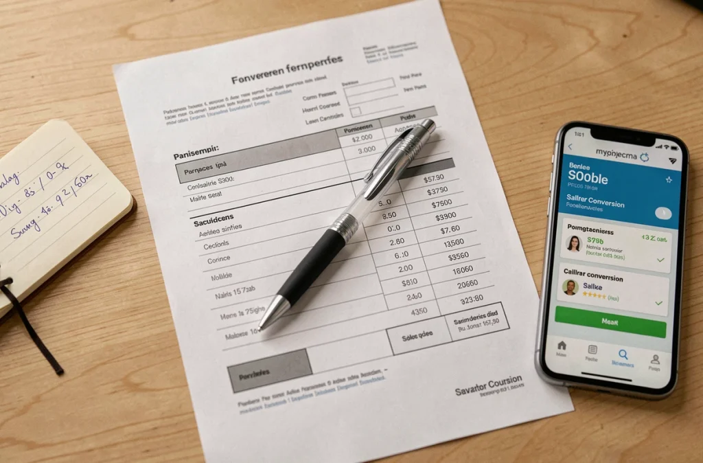 Vue de dessus d'une fiche de paie française avec stylo et carnet de calcul de salaire net
