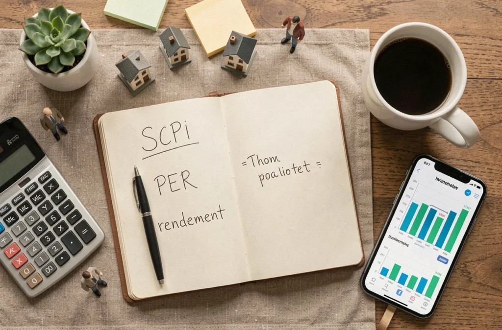 Vue aérienne d'un bureau avec carnet de notes financières mentionnant SCPI et PER, calculatrice et figurines immobilières