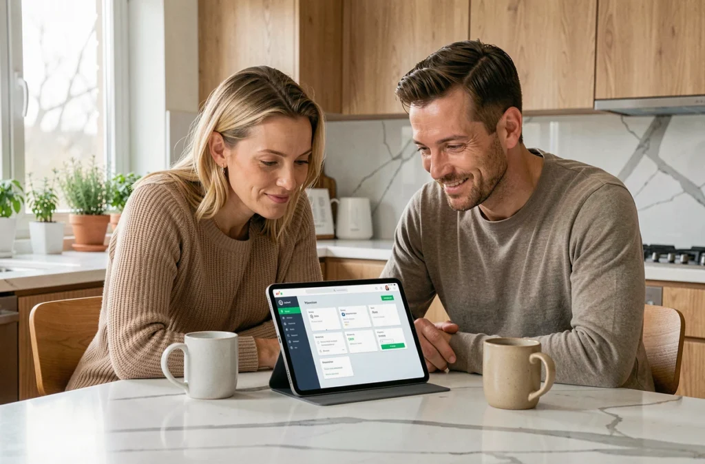 Couple gérant ensemble leurs comptes bancaires en ligne en toute sécurité sur une tablette dans une cuisine moderne