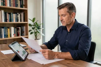 Homme d'une quarantaine d'années consultant des documents financiers sur un bureau en bois, illustrant la gestion de SCPI dans un PER
