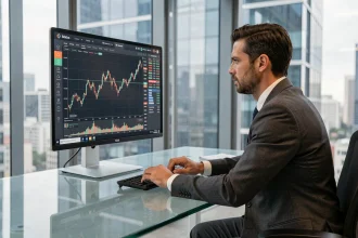 Homme d'affaires analysant les courbes du Bitcoin sur un écran de trading pendant une crise économique