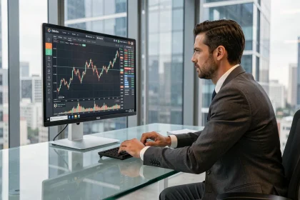 Homme d'affaires analysant les courbes du Bitcoin sur un écran de trading pendant une crise économique
