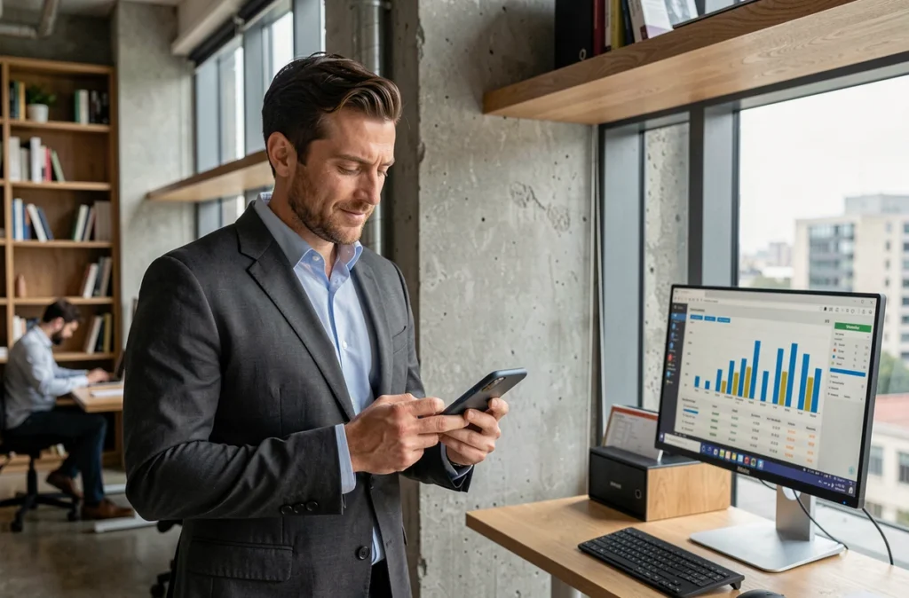 Homme d'affaires consultant des données salariales sur smartphone dans un espace de coworking haut de gamme, représentant les revenus supérieurs à 4000 euros en France