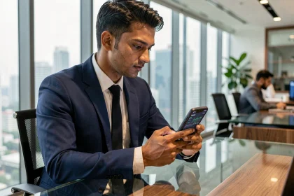 Homme d'affaires consultant une application de stablecoin sur smartphone dans un bureau fintech moderne de Singapour