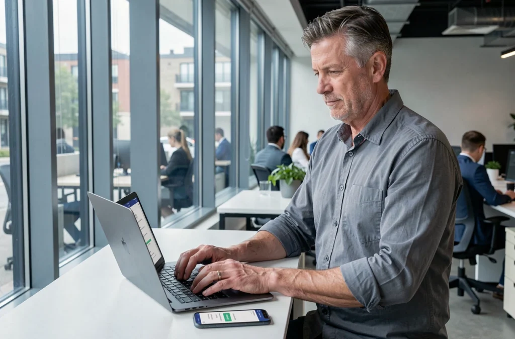 Homme en bureau contactant le support PayPal par téléphone sur son ordinateur portable