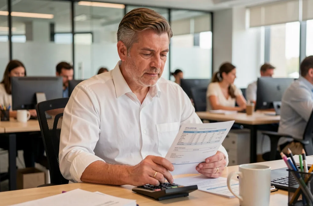 Homme au bureau en open space analysant sa fiche de paie avec une calculatrice