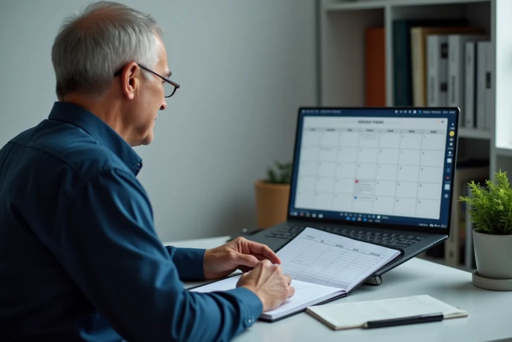 Homme consultant un calendrier PDF de pension d'invalidité 2026 sur son ordinateur portable à domicile