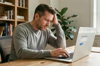 Homme frustré devant son ordinateur portable avec une page de connexion en erreur, illustrant un problème d'accès à un espace personnel en ligne