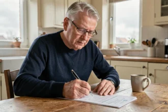 Un homme de 58 ans examine ses documents de demande de pension de retraite anticipée en Belgique à la table de sa cuisine