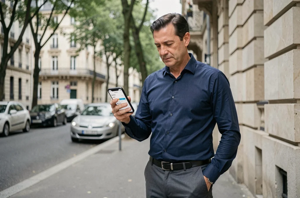 Homme d'affaires consultant une comparaison de salaires sur smartphone devant un immeuble de bureau en France