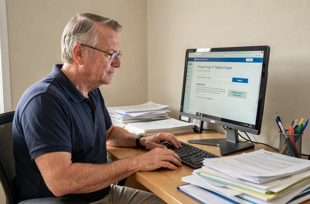 Homme âgé devant un ordinateur de bureau consultant une page d'assistance technique pour résoudre un problème de connexion à son espace personnel
