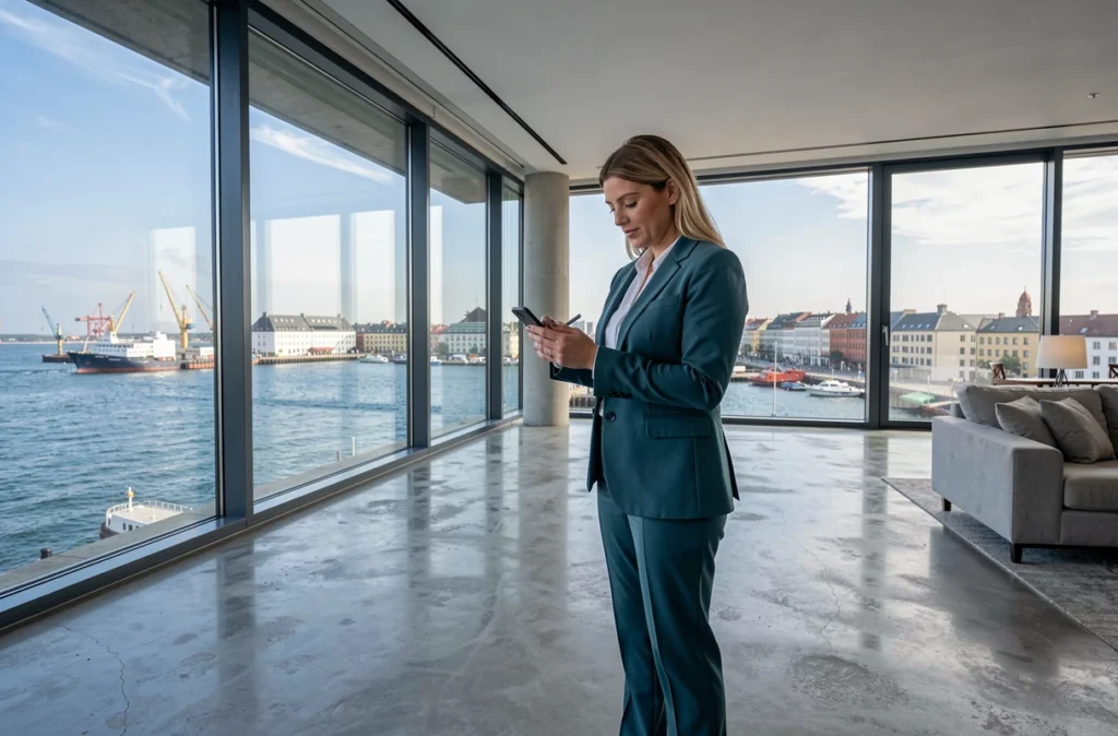 Professionnelle d'ICOMI Brest Immobilier visitant un appartement moderne avec vue sur le port de Brest