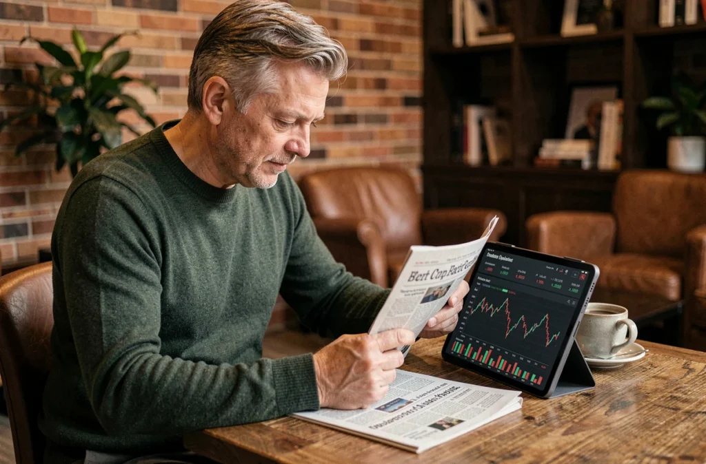 Investisseur analysant les cours et la valorisation de l'action SAF sur tablette et presse financière dans un salon d'affaires