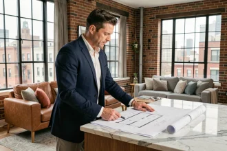 Investisseur immobilier masculin examinant des plans dans un appartement meublé rénové avec vue urbaine