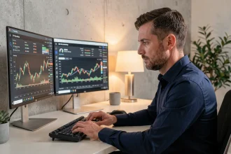 Investisseur crypto analysant des rendements de staking sur double écran dans un bureau minimaliste