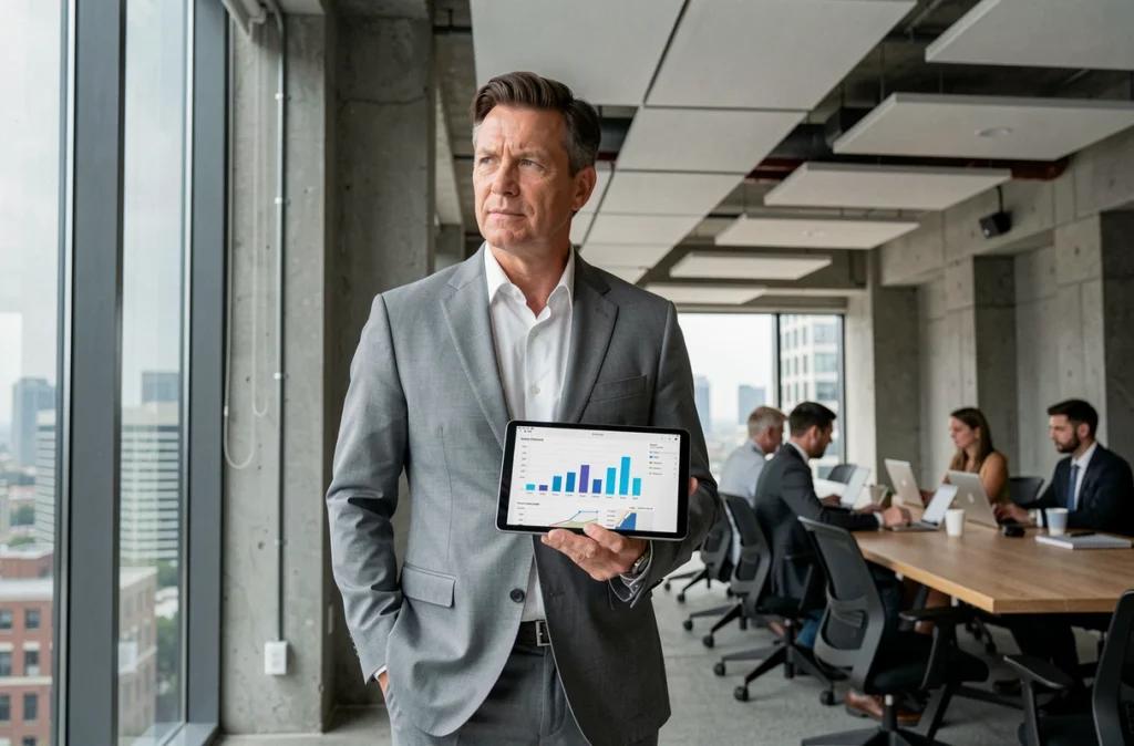 Investisseur consultant son portefeuille SCPI sur tablette dans un espace de coworking moderne
