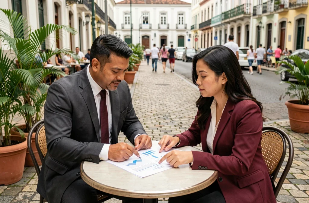Deux investisseurs internationaux examinant des prospectus financiers ensemble dans un café de São Paulo, illustrant la montée des investissements dans les marchés émergents en 2024