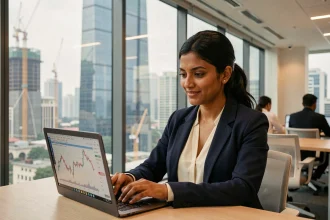 Investisseuse analysant des données financières sur un ordinateur portable dans un espace de coworking moderne à Mumbai, avec la skyline urbaine en arrière-plan